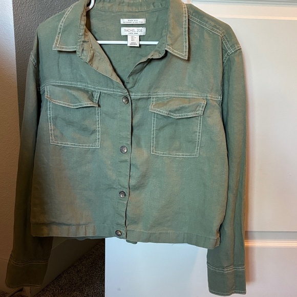 New Rachel Zoe Womens Olive Utility Canvas Jacket 100% Linen Size L - Picture 1 of 10